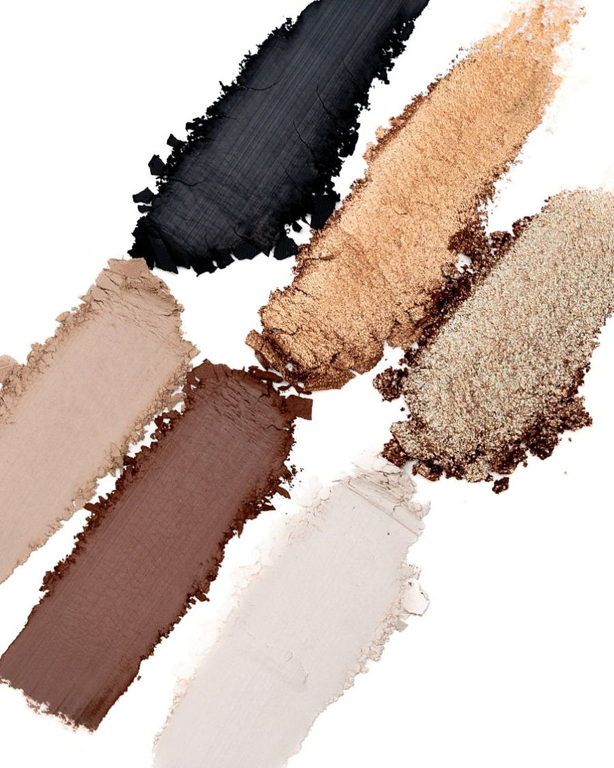 Swatches σκιών της παλέτας My Pleasure σε μαύρο, χρυσό, καφέ και μπεζ